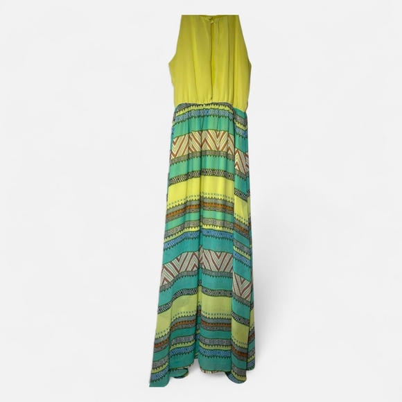 Umgee Dresses & Skirts - Umgee USA Maxi Dress Size M Yellow & Mint Boho Print Open Back